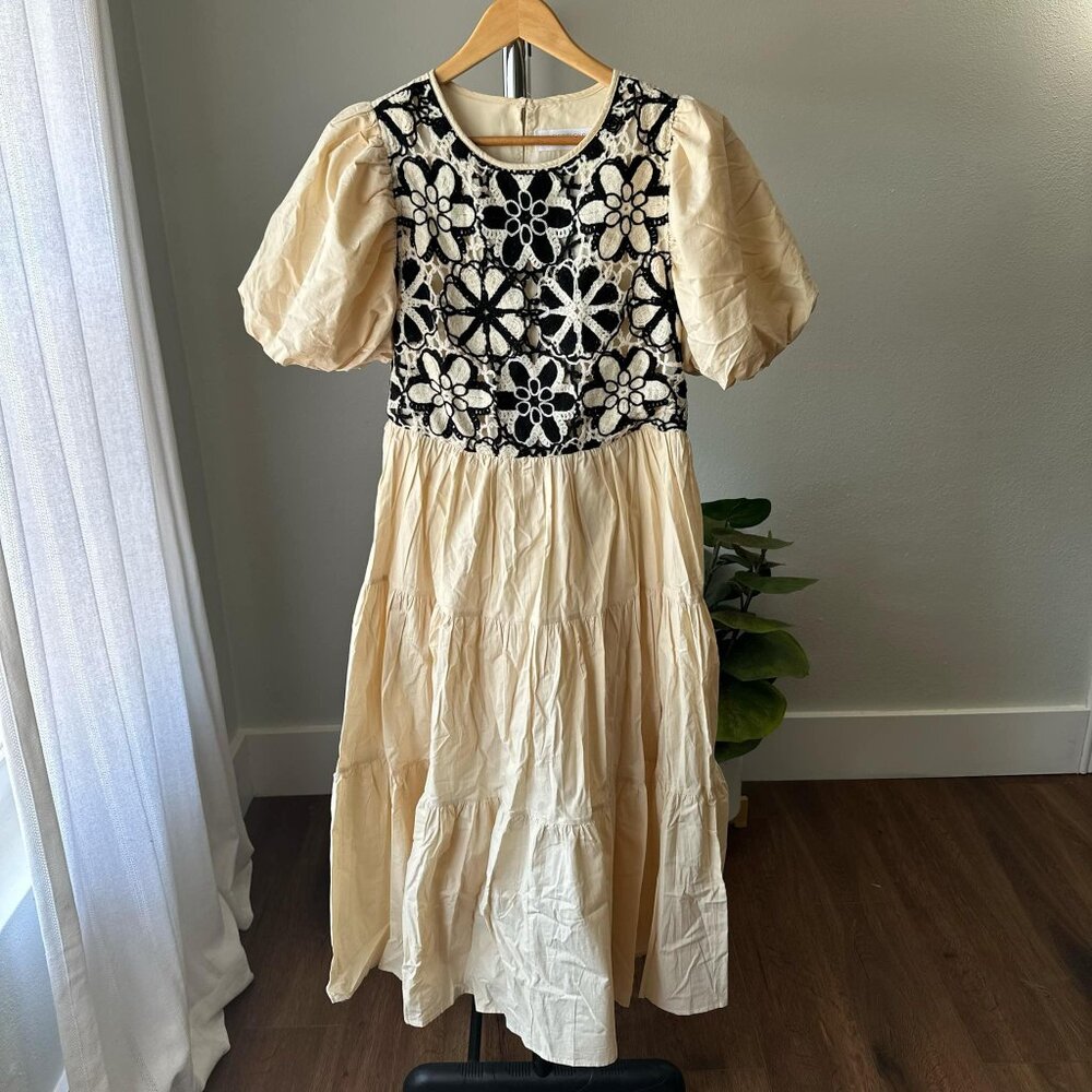 Womens Impressions Floral Crochet Black & Cream Midi Puff Sleeve Summer Dress S